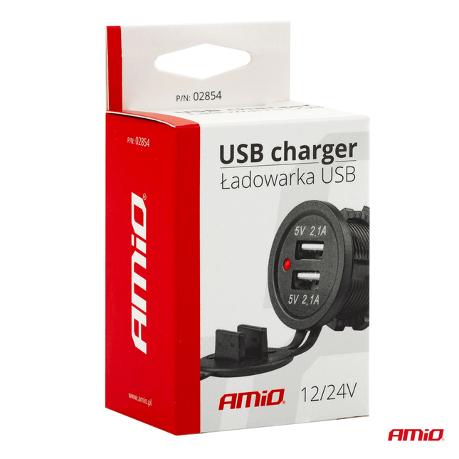 AMiO Waterdichte Telefoon Lader Autostekker Inbouwdoos 2x USB - A 12V 24V Universeel - VCTparts.nl