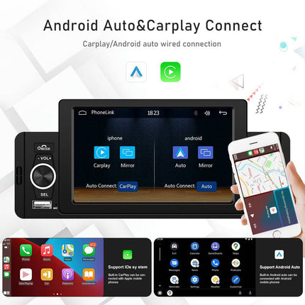 Android Auto Inbouw Radio Speler Digitaal LED Display Scherm met Bluetooth Aux 1DIN Mirrorlink Fm - VCTparts.nl
