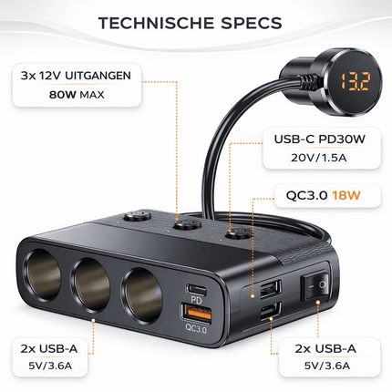 VCTparts Autolader met Sigarettenaansteker Splitter Snellader 127W Zwart [3 x 12V 3 x USB - A USB - C QC3.0 USB - A] NORGOS 7