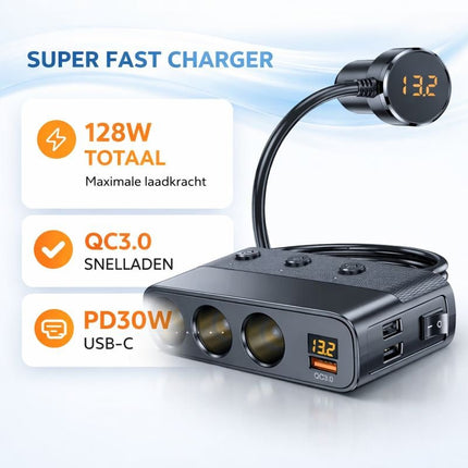 VCTparts Autolader met Sigarettenaansteker Splitter Snellader 127W Zwart [3 x 12V 3 x USB - A USB - C QC3.0 USB - A] NORGOS 5