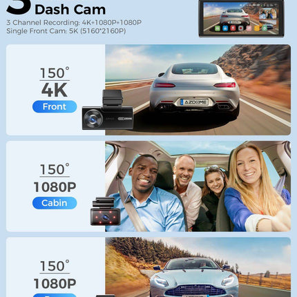 AZDome Dashcam M580 Pro 5K 3CH Wifi Auto Video Recorder 64gb + Interieur en Achter Camera Zwart - VCTparts.nl