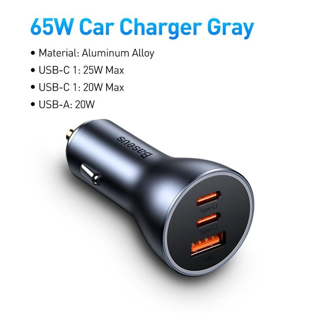 Baseus Autolader Oplader USB - C & USB 3x Snellader - Grey 65W [Triple Fast Car Charger] - VCTparts.nl