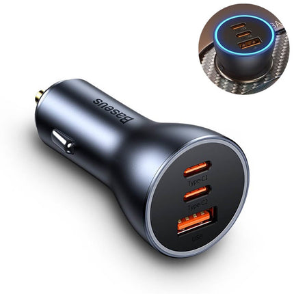 Baseus Autolader Oplader USB - C & USB 3x Snellader - Grey 65W [Triple Fast Car Charger] - VCTparts.nl