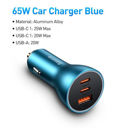 Baseus Autolader Oplader USBC & USB 3x Snellader Navy Blue 65W [Triple Fast Car Charger] - VCTparts.nl