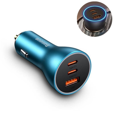 Baseus  Autolader Oplader USBC & USB 3x Snellader  Navy Blue 65W [Triple Fast Car Charger]