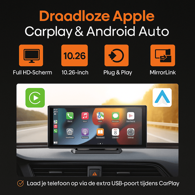 Carplay Scherm PRO - Geschikt voor Apple & Android - 10.26 Inch - Navigatiesysteem Auto - Draadloos - Touchscreen - Universeel - Multimedia Autoradio - VCTparts.nl