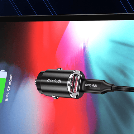 Choetech Autolader Telefoon 1x USBA, 1x USBC 30W PD 3.0 12/24V Zwart - VCTparts.nl