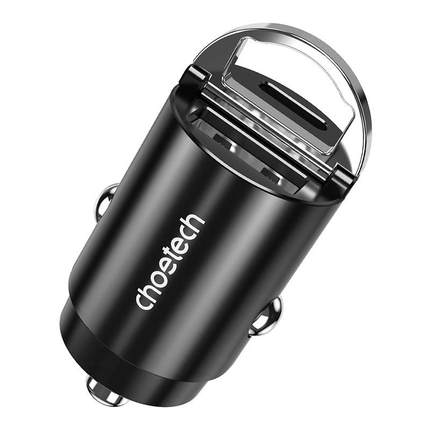 Choetech Autolader Telefoon 1x USBA, 1x USBC 30W PD 3.0 12/24V Zwart - VCTparts.nl