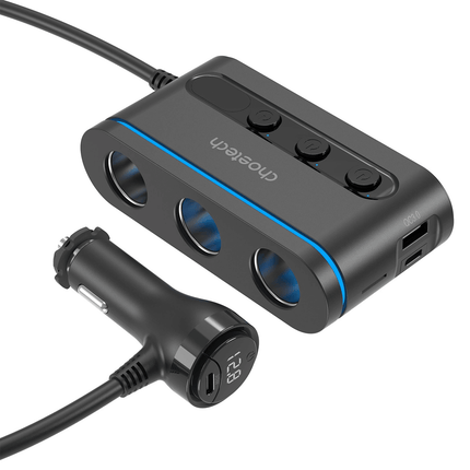 Choetech Choetech TC0021 Autolader met 2 USB - C Poorten 1 USB - A Poort en 3 Sigarettenaansteker Aansluitingen Zwart Hurtel 1