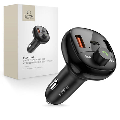 Tech-Protect CC06 72W Autolader 3-Poorts PD Met FM-Zender - Bluetooth Muziek En Snelladen