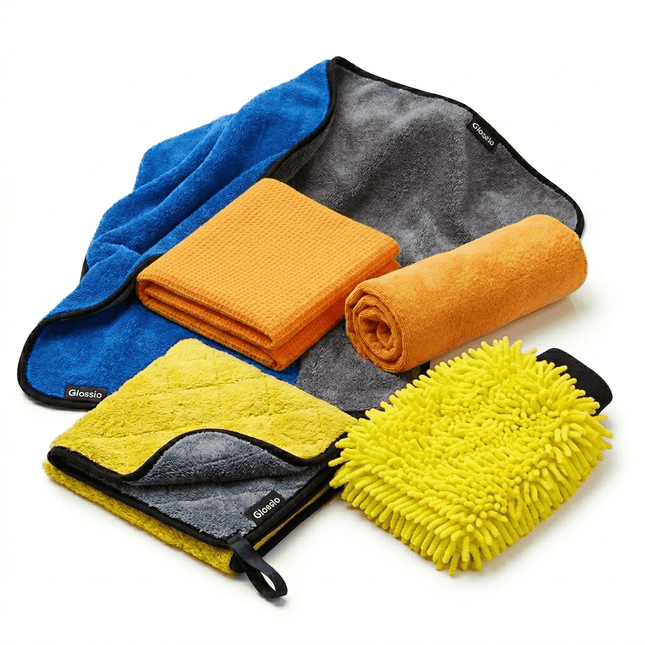 Glossio Glossio 5 - delige Microvezel Combideal Auto Wasset – XL Droogdoek 60x90cm en Krasvrije Washandschoen – Professionele Poetsset Combideal 1