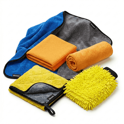 Glossio 5-delige Microvezel Combideal Auto Wasset – XL Droogdoek 60x90cm en Krasvrije Washandschoen – Professionele Poetsset