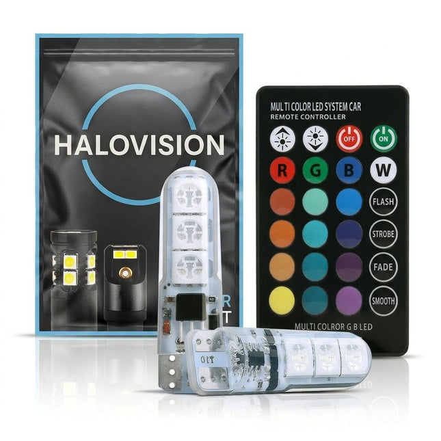 HaloVision HaloVision T10 W5W LED RGBW Bluetooth Set met Afstandsbediening - Wit Blauw Rood Groen Multicolor - 12V Interieurverlichting Kentekenverlichting Stadslicht Set van 2 HaloVision 1