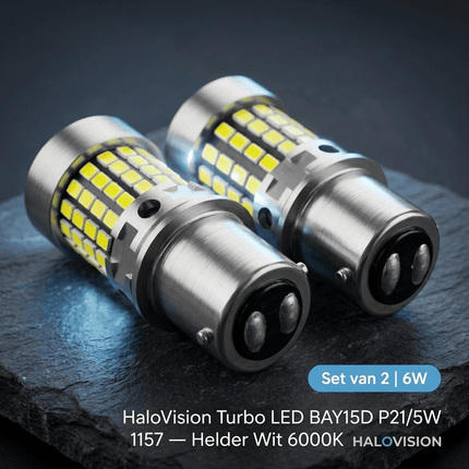 HaloVision HaloVision Turbo LED BAY15D P21/5W 1157 6000K Helder Wit 6W – Canbus Plug en Play Achteruitrijlicht LED Set van 2 Autolampen HaloVision 5