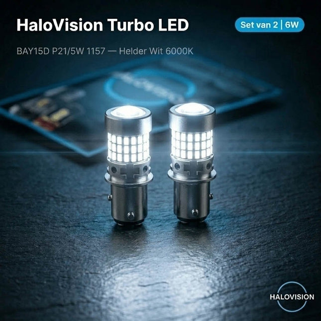 HaloVision HaloVision Turbo LED BAY15D P21/5W 1157 6000K Helder Wit 6W – Canbus Plug en Play Achteruitrijlicht LED Set van 2 Autolampen HaloVision 2