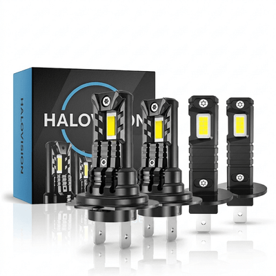 HaloVision Turbo LED Groot Licht + Koplampen H7 + H1 – 25W 5000Lm 6000K Helder Wit – Canbus Plug en Play Dimlicht + Grootlicht LED Set van 4 Autolampen