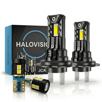 HaloVision Turbo LED Koplampen H7 + Stadslicht T10 – 25W 5000Lm 6000K Helder Wit – Canbus Plug en Play Dimlicht + Dagrijverlichting LED Set van 4 Autolampen
