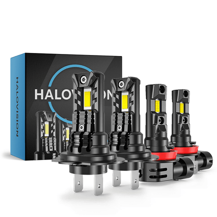 HaloVision HaloVision Turbo LED Mist Licht + Koplampen H7 + H11 – 25W 30000Lm 6000K Helder Wit – Canbus Plug en Play Dimlicht + Mistlicht LED Set van 4 Autolampen Combideal 1
