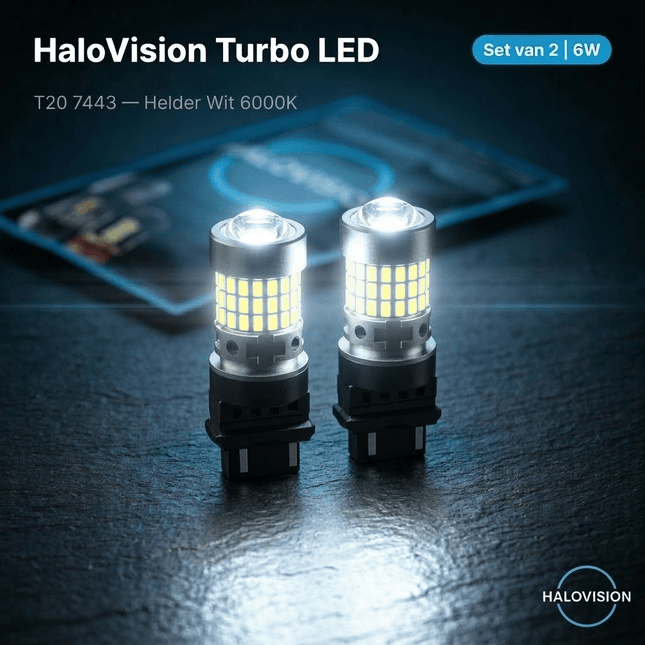 HaloVision HaloVision Turbo LED T20 7443 6000K Helder Wit 6W – Canbus Plug en Play Stadslicht Dagrijverlichting Achteruitrijlicht LED Set van 2 Autolampen HaloVision 2