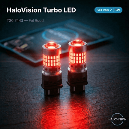 HaloVision HaloVision Turbo LED T20 7443 Fel Rood 6W – Canbus Plug en Play Remlicht en Achterlicht LED Set van 2 Autolampen HaloVision 2