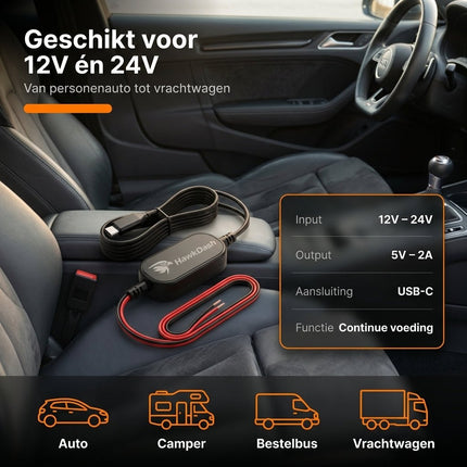 HawkDash HawkDash Dashcam Hardwire Kit USB-C – Continue Parkeervoeding 12V/24V naar 5V 2A voor Aansluiting op de Zekeringkast NORGOS 5