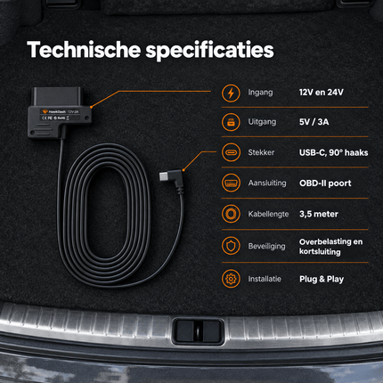 HawkDash HawkDash Dashcam OBD Voeding USB-C – Continue Parkeervoeding via OBD2 Poort 12V/24V naar 5V 3A [3,5M Haakse Kabel] NORGOS 9