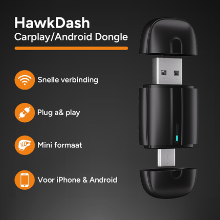 HawkDash Mini 2 - in - 1 Car Dongle - CarPlay Dongle - Android Auto Dongle - Draadloos CarPlay & Android Auto - Zwart - VCTparts.nl