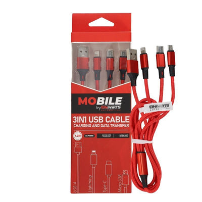 MoBile 3-in-1 USB Kabel USB-A, USB-C, Lightning 1.2m – Nylon Gevlochten Snellader Oplaadsnoer Kabel Rood