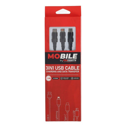 MoBile MoBile 3 - in - 1 USB Kabel USB - A, USB - C, Lightning 1.2m – Nylon Gevlochten Snellader Oplaadsnoer Kabel Zwart Einparts 3
