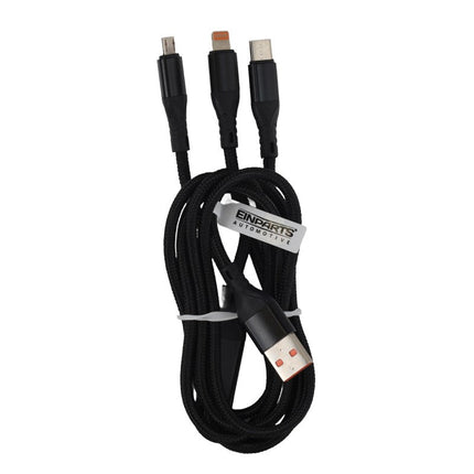 MoBile MoBile 3 - in - 1 USB Kabel USB - A, USB - C, Lightning 1.2m – Nylon Gevlochten Snellader Oplaadsnoer Kabel Zwart Einparts 6