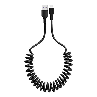 Oplaadkabel Auto Rekbare USB 3.0 naar USB-C Krulsnoer Veer 1 Meter Zwart