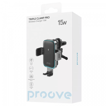 Proove Proove Triple Clamp Pro 15W Draadloze Telefoonhouder Auto Ventilatierooster en Dashboard Zuignap Metallic Grijs – Geavanceerde Oplading en Secure Hold Proove 3