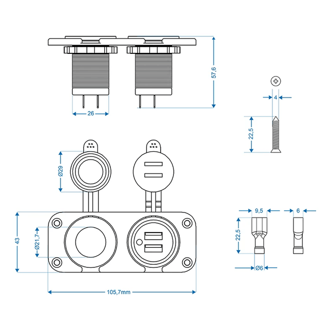 ProPlus Inbouw kit: Stekkerdoos DIN + USB poort dubbel type A 2x2100mA - 12V/24V - VCTparts.nl