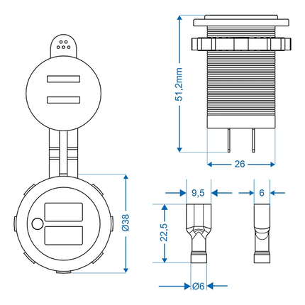 ProPlus ProPlus USB - Inbouwdoos Tweevoudig Type A 2x2100mA 12V/24V - Laadcontactdoos met Dop PAT Europe 2