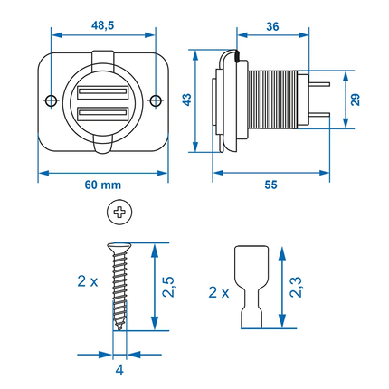 ProPlus USB - Inbouwdoos Tweevoudig Type A 3100mA - 12V/24V Laadcontactdoos met Bevestigingsmateriaal - VCTparts.nl