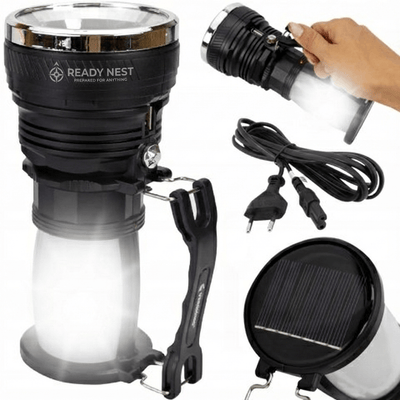 ReadyNest Solar LED Handlamp Zaklamp Lantaarn met 4 Functies – Oplaadbare Ronde Noodlamp Zonnepaneel of Stekker