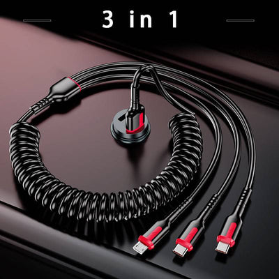 Rekbare 3-in-1 Super Snellader 1m Krulsnoer Veer 66W 5A [USB-C iPhone Micro USB Oplaadkabel]