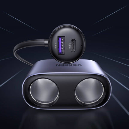 UGREEN Autolader 2x USB / 2x Sigarettenaansteker Splitter Zwart [1x USB - C & 1x USB - A] - VCTparts.nl