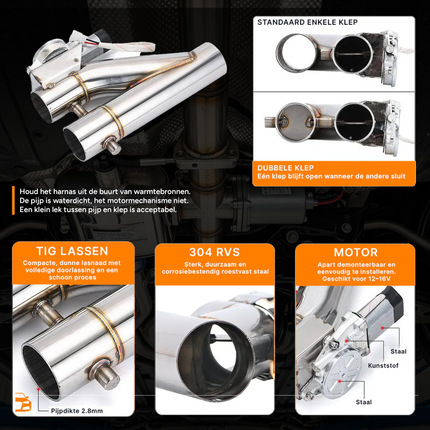 Elektrische Uitlaat Kleppensysteem 2.5inch 63mm Bypass Universeel Draadloos met Afstandsbediening - Dubbele Pijp met Klem - VCTparts.nl