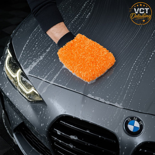 VCTdetailing Auto Reinigings Washandschoen Washmitt met Absorberende Microvezel voor Streeploos Glansresultaat Oranje - VCTparts.nl