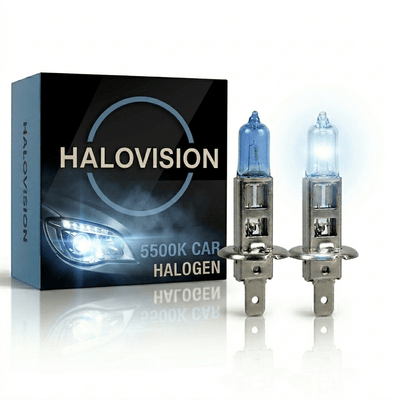HaloVision Halogeen Koplampen H1 – 12V 3000Lm 5500K Koud Wit – Blauw Glas Super White Dimlicht Grootlicht Halogeenlampen Set van 2 Autolampen