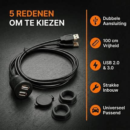 VCTparts Inbouw Dubbele USB Verlengkabel 100cm – Dashboard Dop met Wartel Auto USB 2.0 3.0 Converter voor Autoradio en Telefoon in Middenconsole Interface NORGOS 3