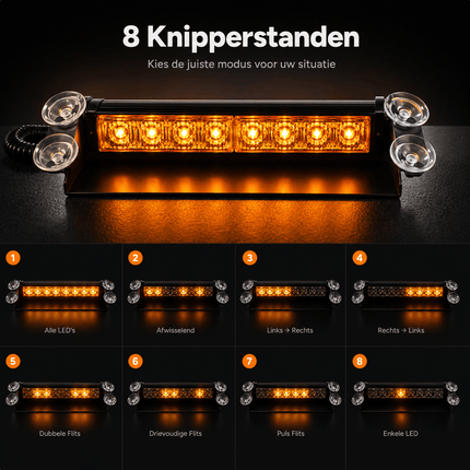 VCTparts Raamflitser Oranje LED Stroboscoop Zwaailicht – 12V met Zuignappen en 8 Knipperstanden NORGOS 3