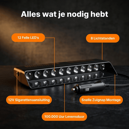 VCTparts VCTparts Premium Raamflitser Amber Oranje LED Stroboscoop – 12V Zwaailicht met Zuignap 12 LED 8 Standen – Verhoog je Zichtbaarheid en Veiligheid NORGOS 7