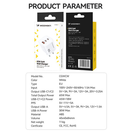 WOZINSKY 65W GaN Snellader – USB C PD Fast Charge – 2x USB C + USB A – Compacte Wandlader voor Telefoon Laptop Tablet – Wit - VCTparts.nl