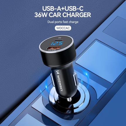Wozinsky Wozinsky WDCCAC USB C USB A 36W Autolader Snellader met Display Zwart Hurtel 2