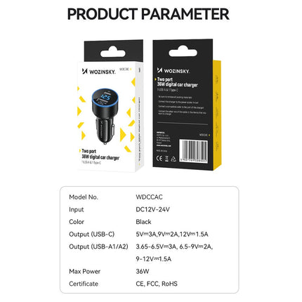 Wozinsky Wozinsky WDCCAC USB C USB A 36W Autolader Snellader met Display Zwart Hurtel 9